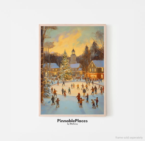 Winter Village Ice Skating Scene Christmas Sunset Oil Painting Poster