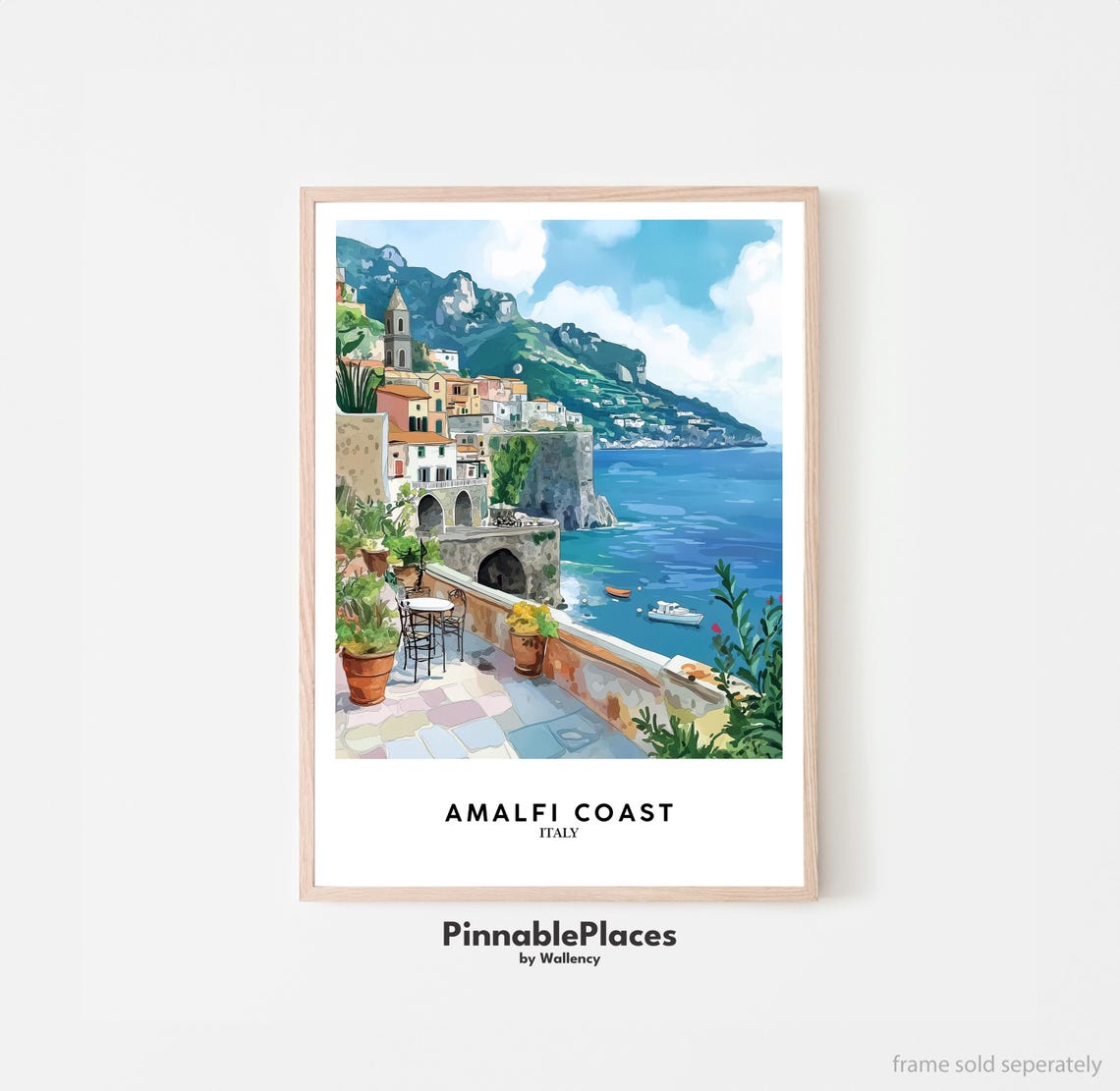Amalfi Coast Italy Seaside Terrace Watercolor Mediterranean Poster