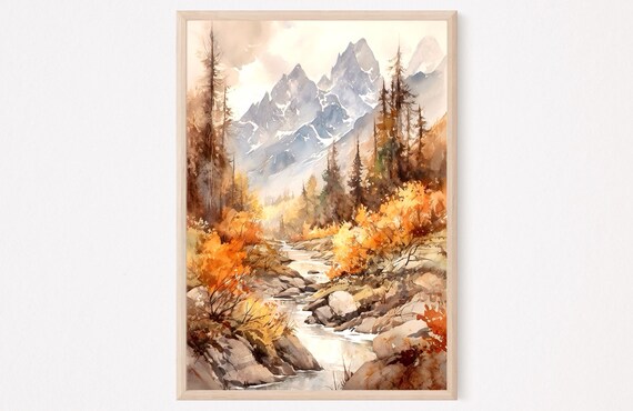Autumn Forest Stream Winding Through Golden Trees Watercolor View Poster
