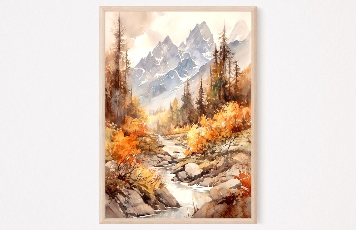 Autumn Forest Stream Winding Through Golden Trees Watercolor View Poster