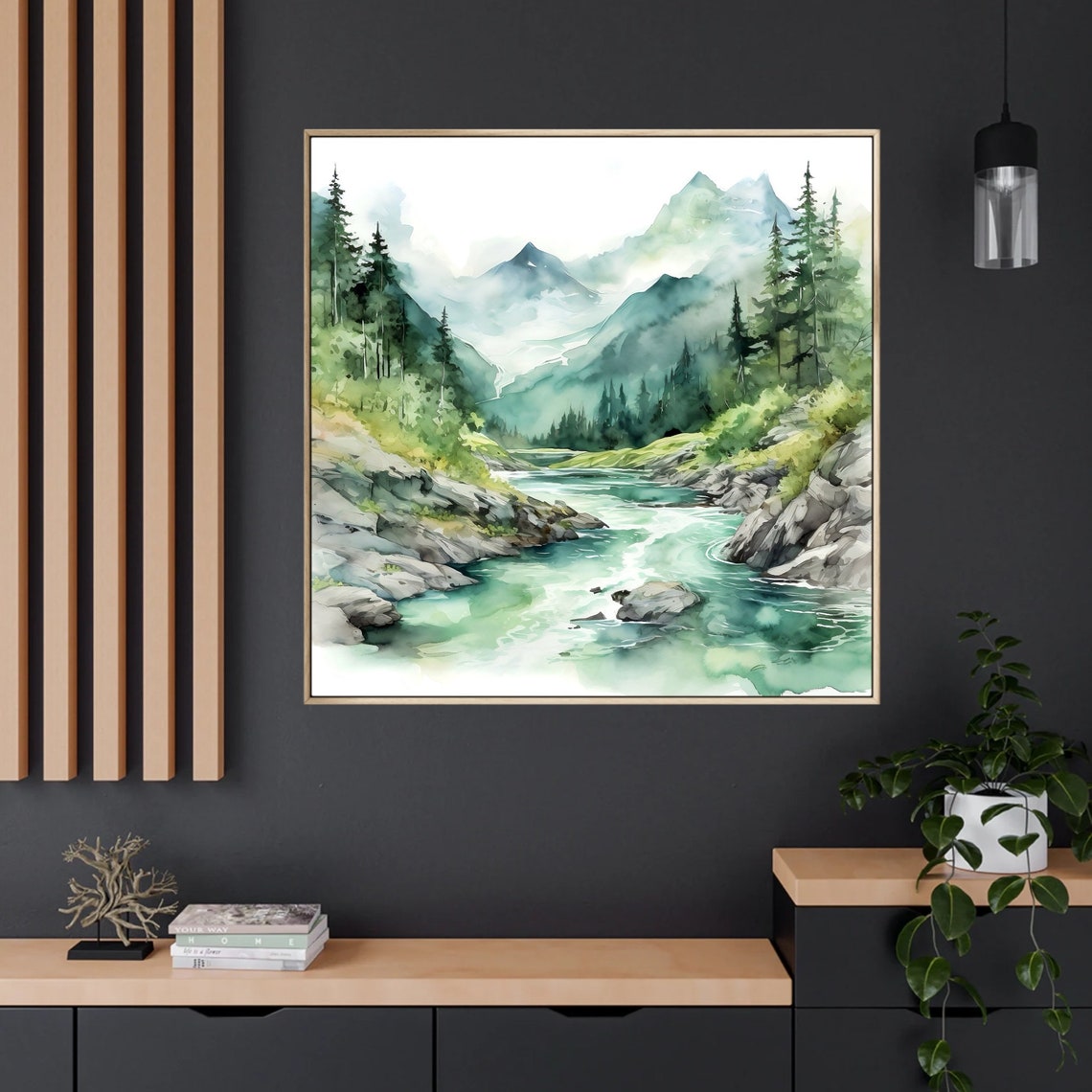 Turquoise Mountain River Watercolor with Forest and Peaks Poster - Image 5