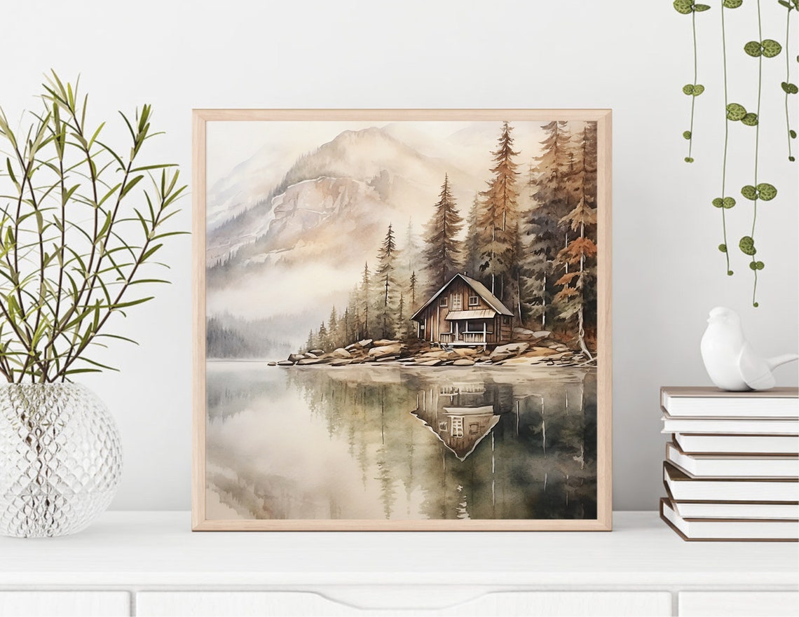 Lakeside Cabin Reflection Pine Trees Still Water Watercolor Poster - Image 2