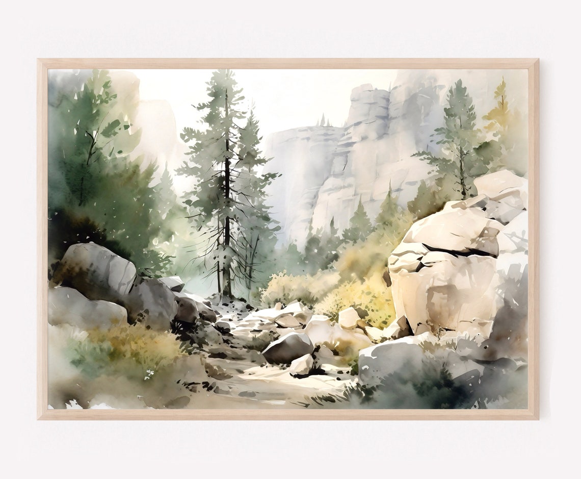 Rocky Forest Stream Watercolor Painting with Pines and Cliffs Poster