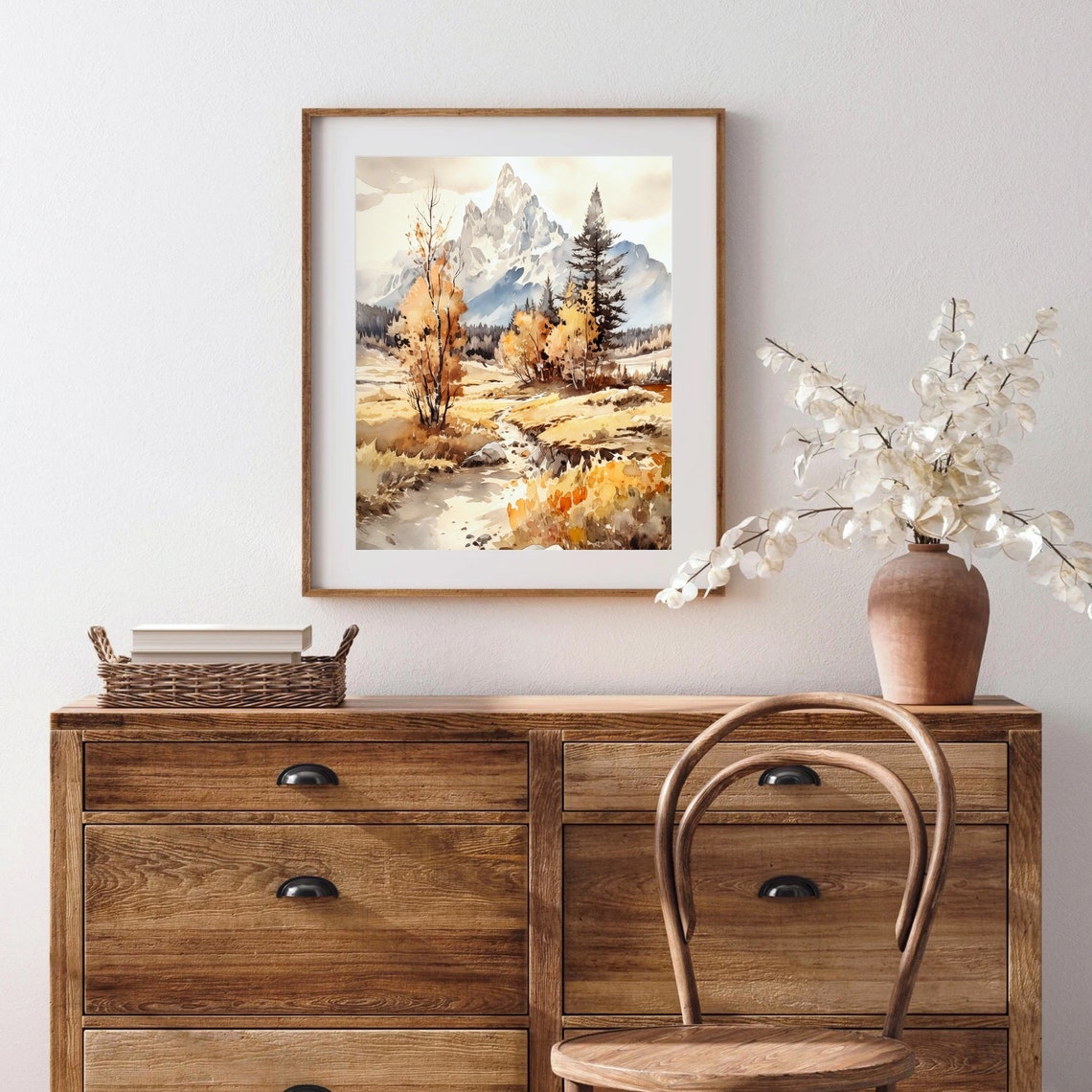 Golden Autumn Valley Stream Rugged Peak Fall Watercolor Poster - Image 3