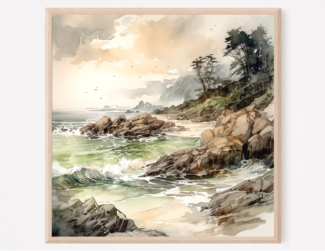 Rocky Ocean Coast Green Waves Crashing Watercolor Seascape Poster