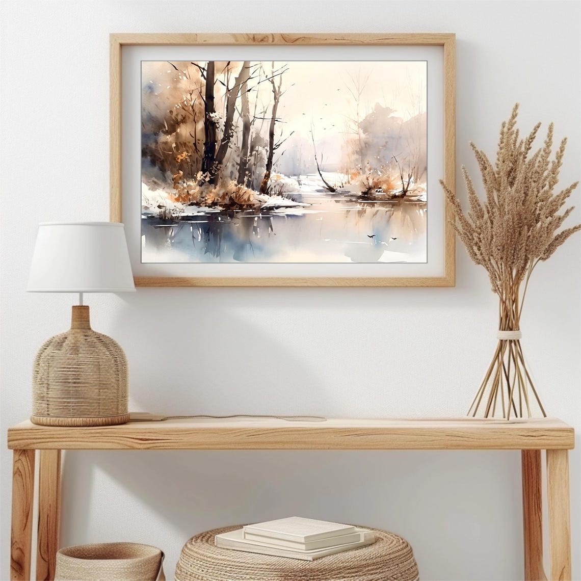 Tranquil Winter Lake Bare Trees Soft Reflection Watercolor Calm Poster - Image 4