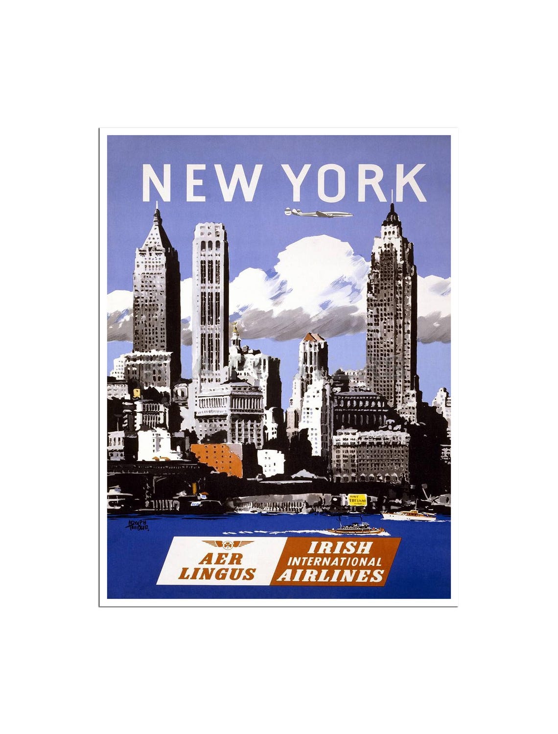 New York Aer Lingus Vintage Manhattan Skyline Harbor Travel Poster
