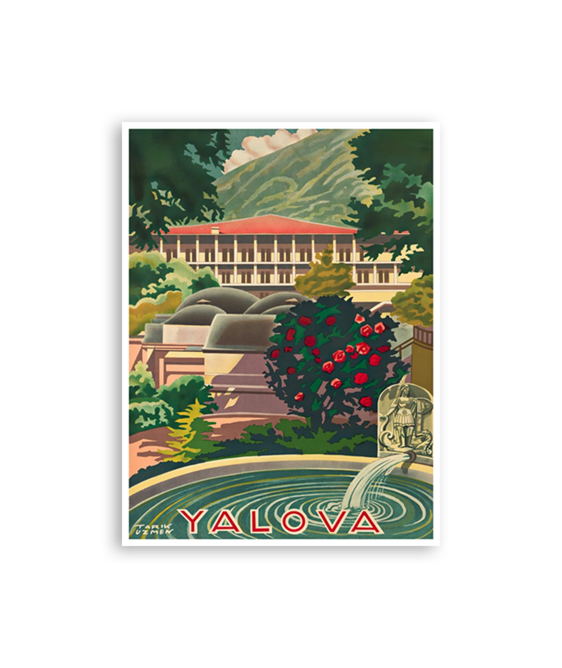 Yalova Turkey Thermal Baths Fountain Vintage Travel Poster Art