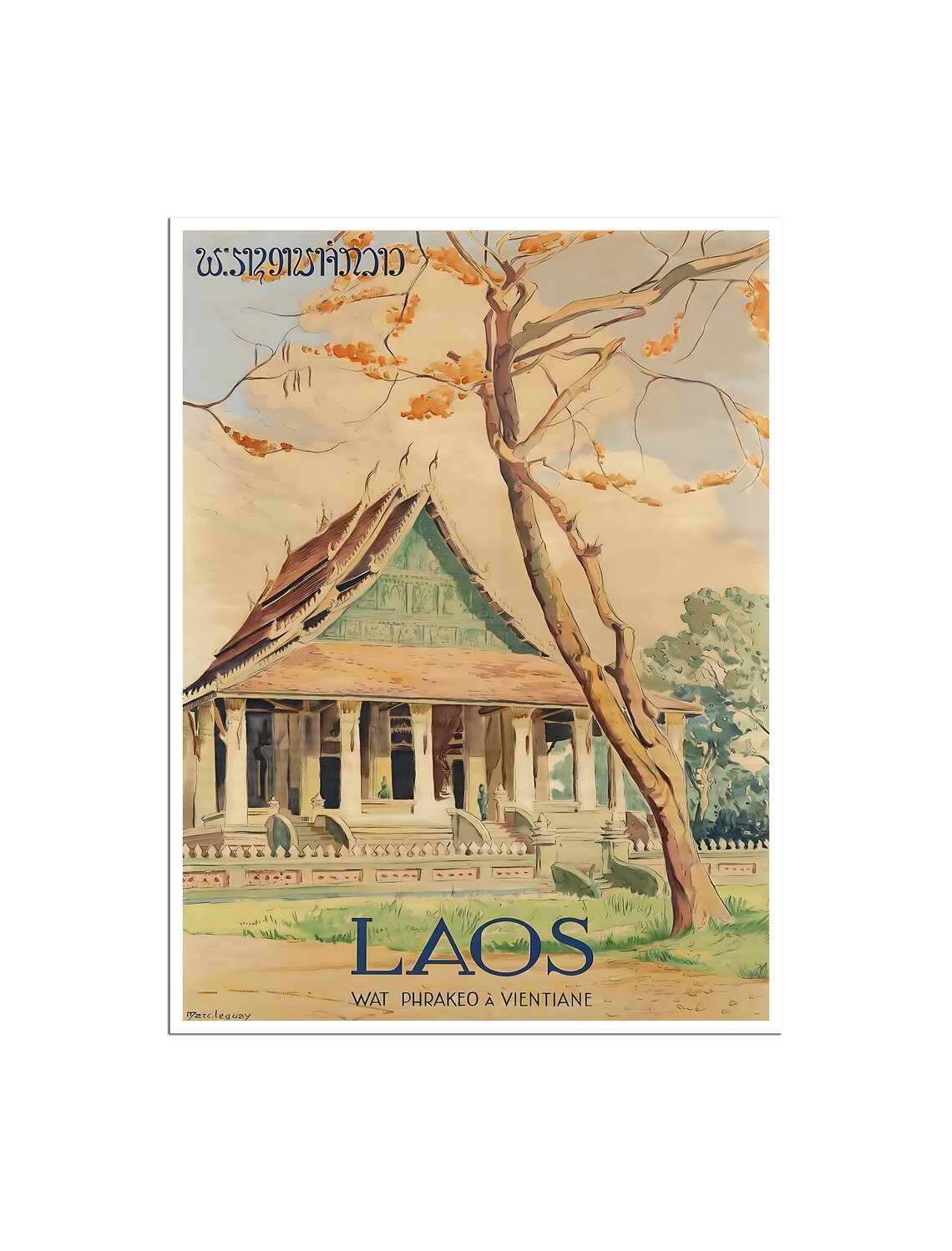 Laos Wat Phrakeo Temple Vientiane Vintage Travel Poster Asian Art