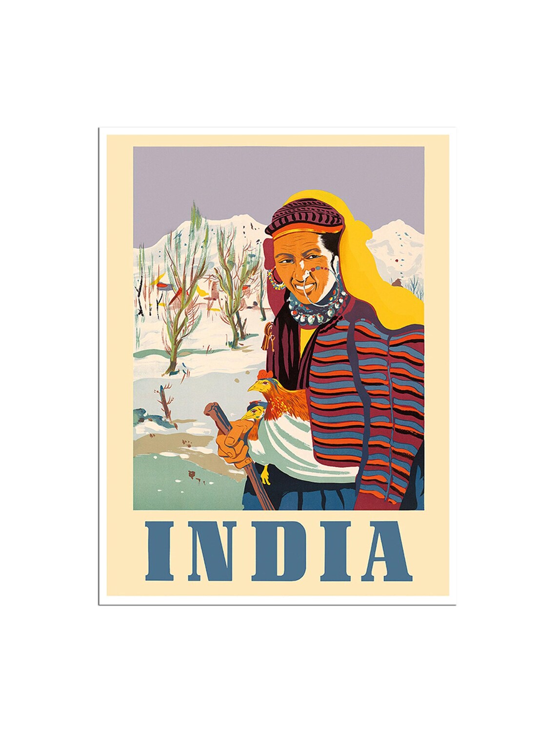 India Snowy Mountain Village Woman Vintage Folk Art Travel Poster