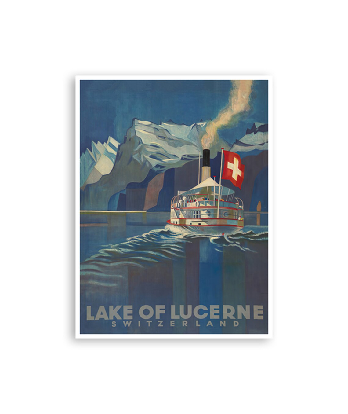 Lake of Lucerne Switzerland Vintage Travel Poster Steamer and Alps Art