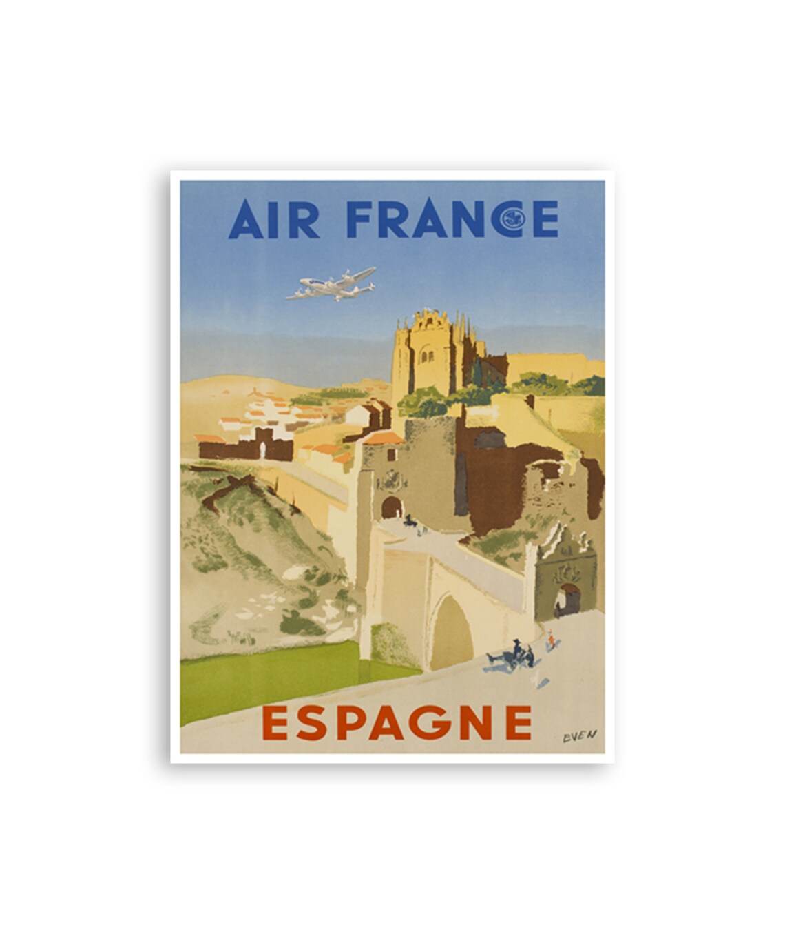 Air France Espagne Hilltop Old Town Castle Plane Vintage Travel Poster