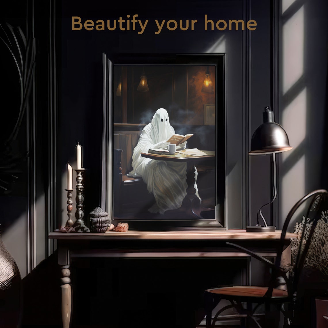 Ghost Reading a Book with Coffee at a Cozy Cafe Table Poster - Image 3