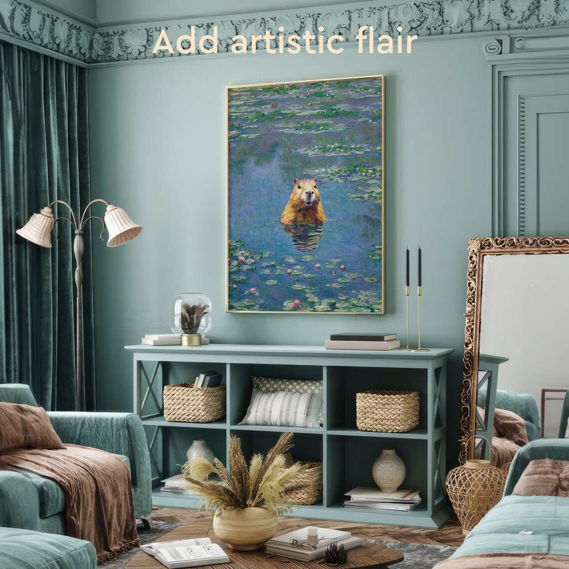 Capybara Swimming in a Monet Style Water Lily Pond Painting Poster - Image 2