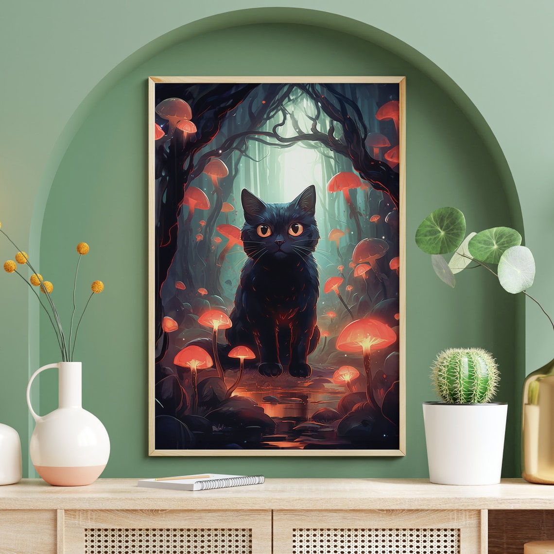 Black Cat Glowing Mushroom Forest Night Magical Red Cap Fungi Poster