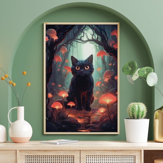 Black Cat Glowing Mushroom Forest Night Magical Red Cap Fungi Poster