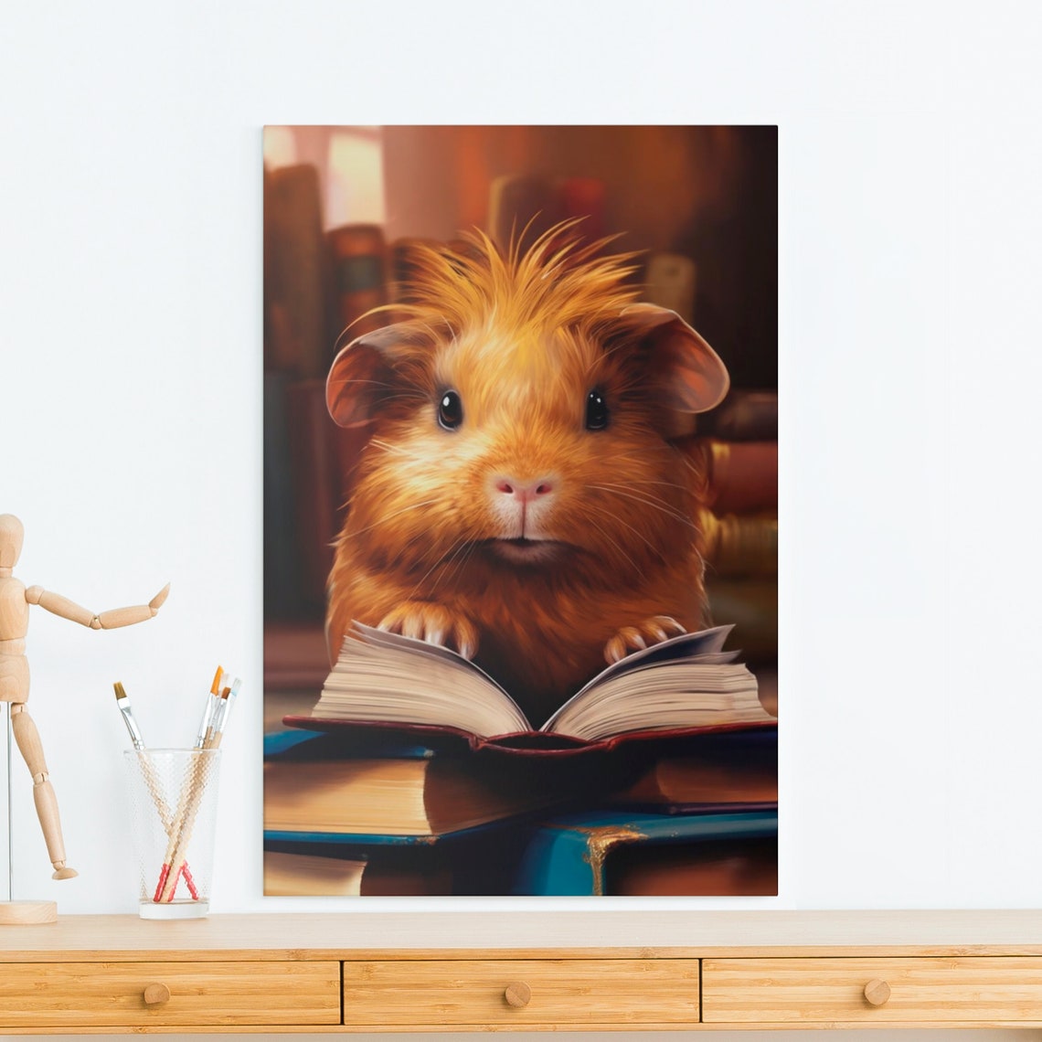 Guinea Pig Reading an Open Book on a Stack of Old Books Poster