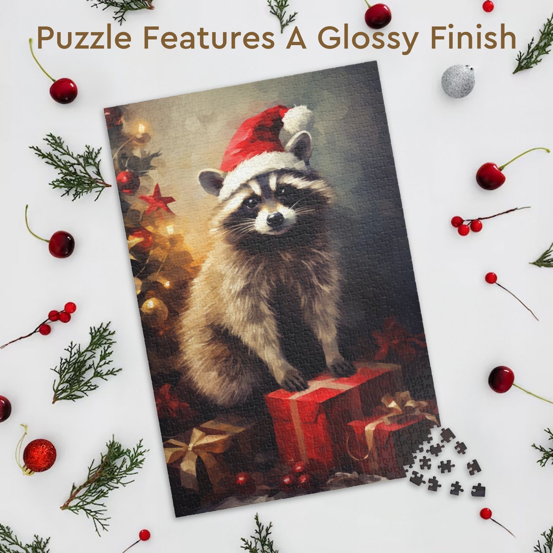 Raccoon Santa Hat Christmas Gifts Tree Holiday Jigsaw Puzzle Poster - Image 3