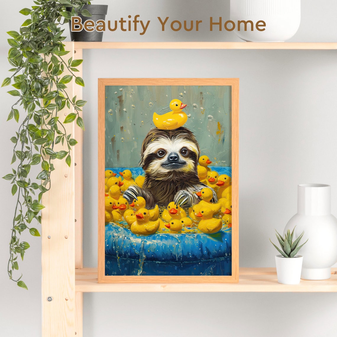 Sloth Relaxing in a Blue Pool Full of Yellow Rubber Ducks Poster - Image 3