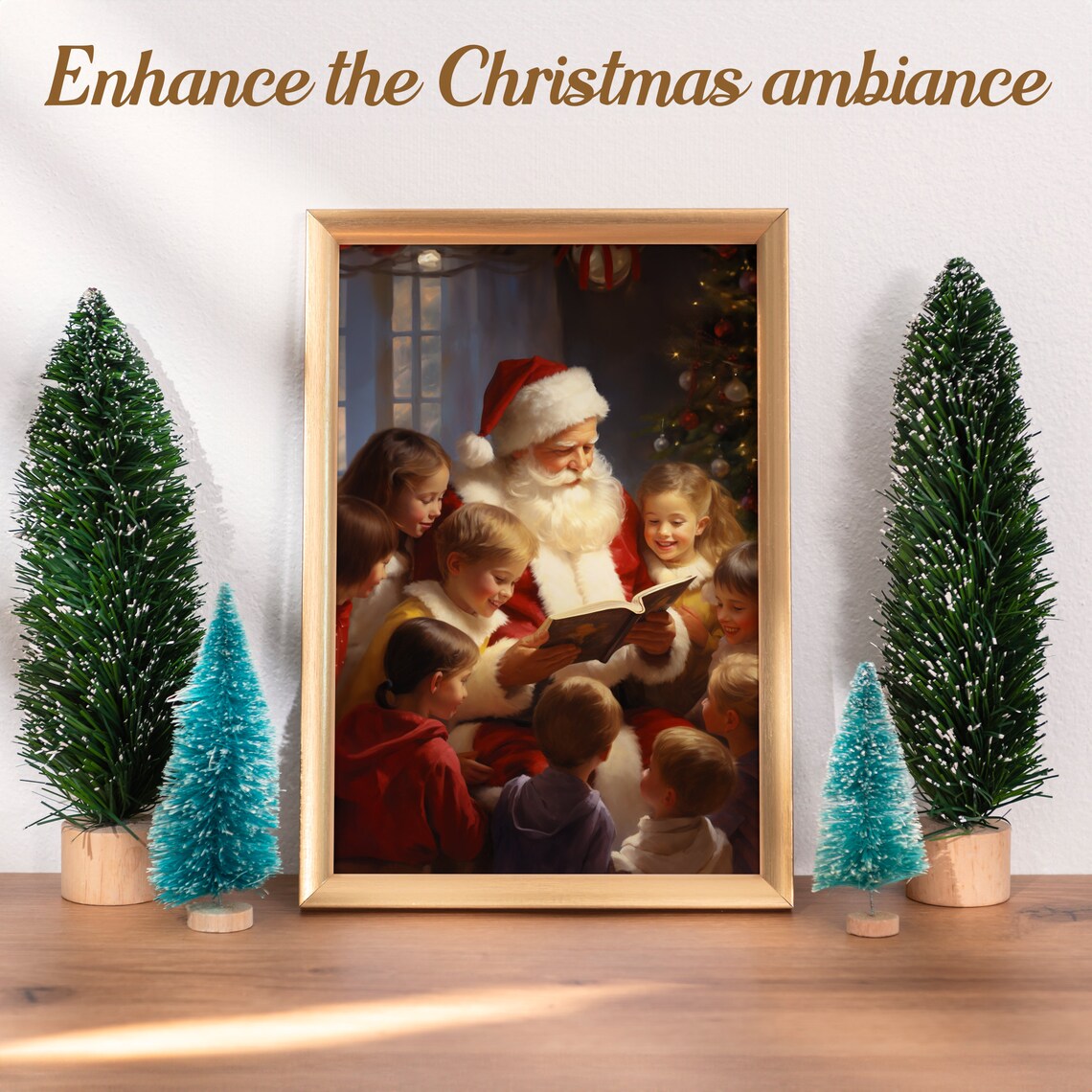 Santa Claus Reading Storybook to Children Christmas Eve Vintage Poster - Image 3