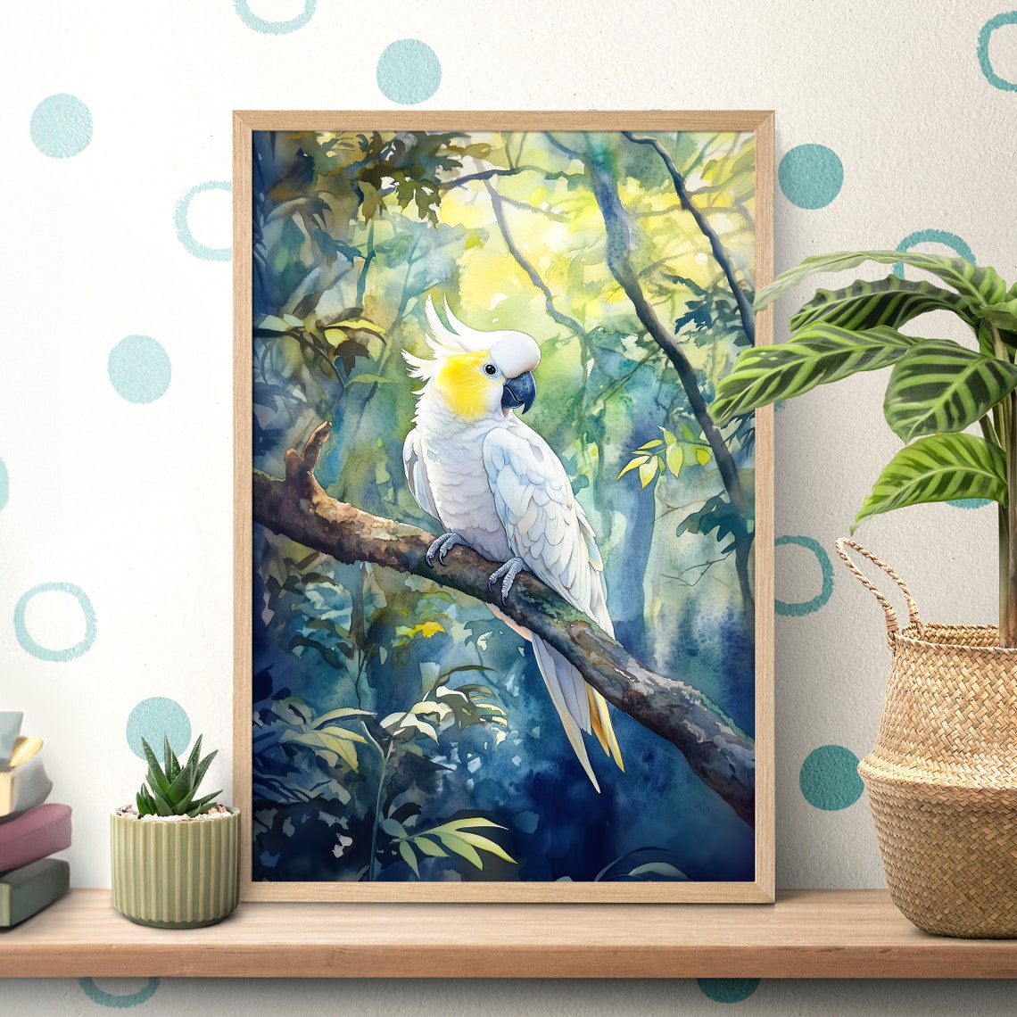 White Cockatoo Watercolor Poster Perched on Branch in Tropical Jungle