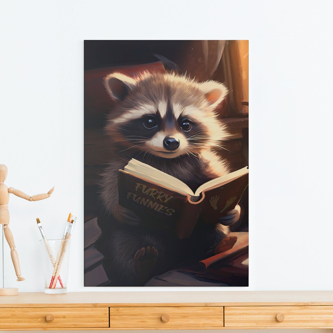 Baby Raccoon Reading Furry Funnies Book by Warm Lamplight Poster