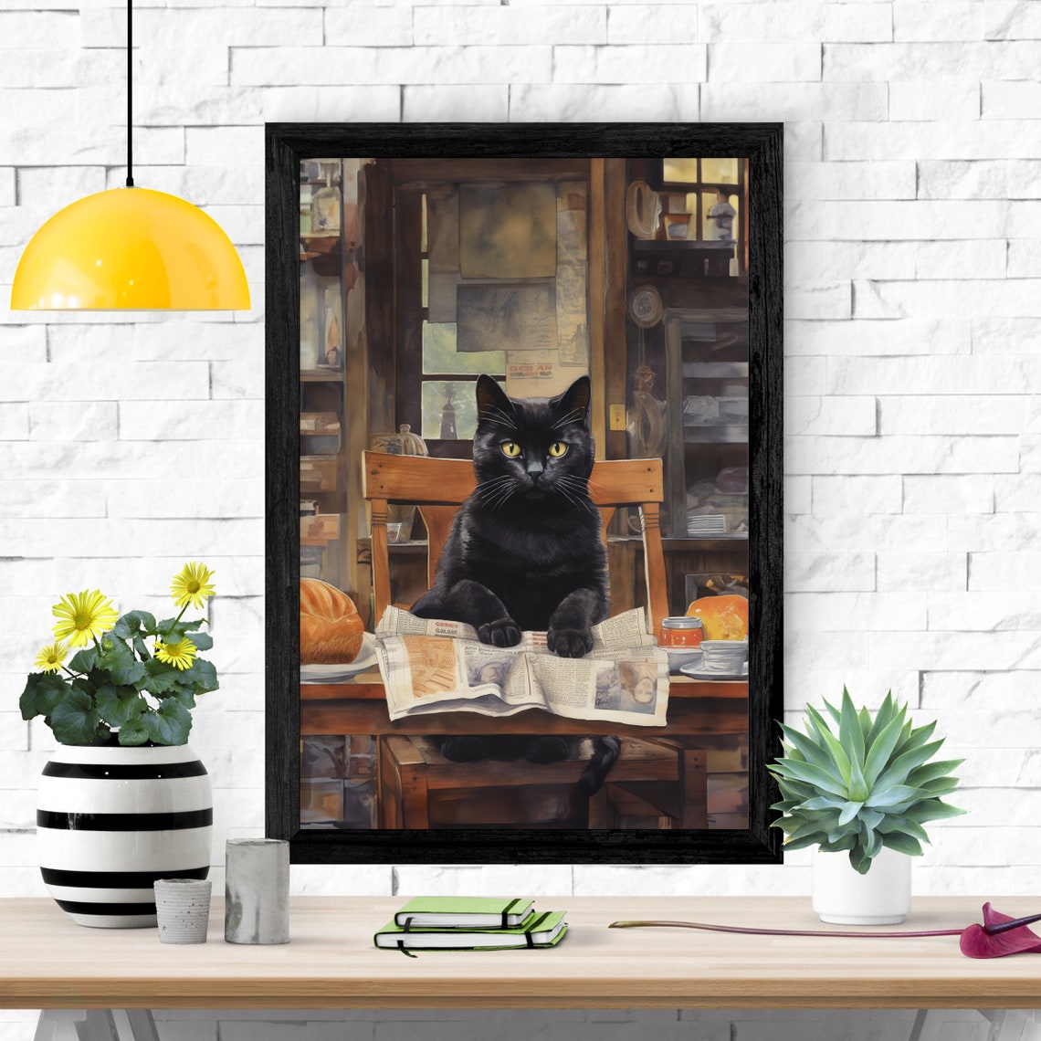 Black Cat Reading Newspaper Kitchen Table Morning Coffee Art Poster