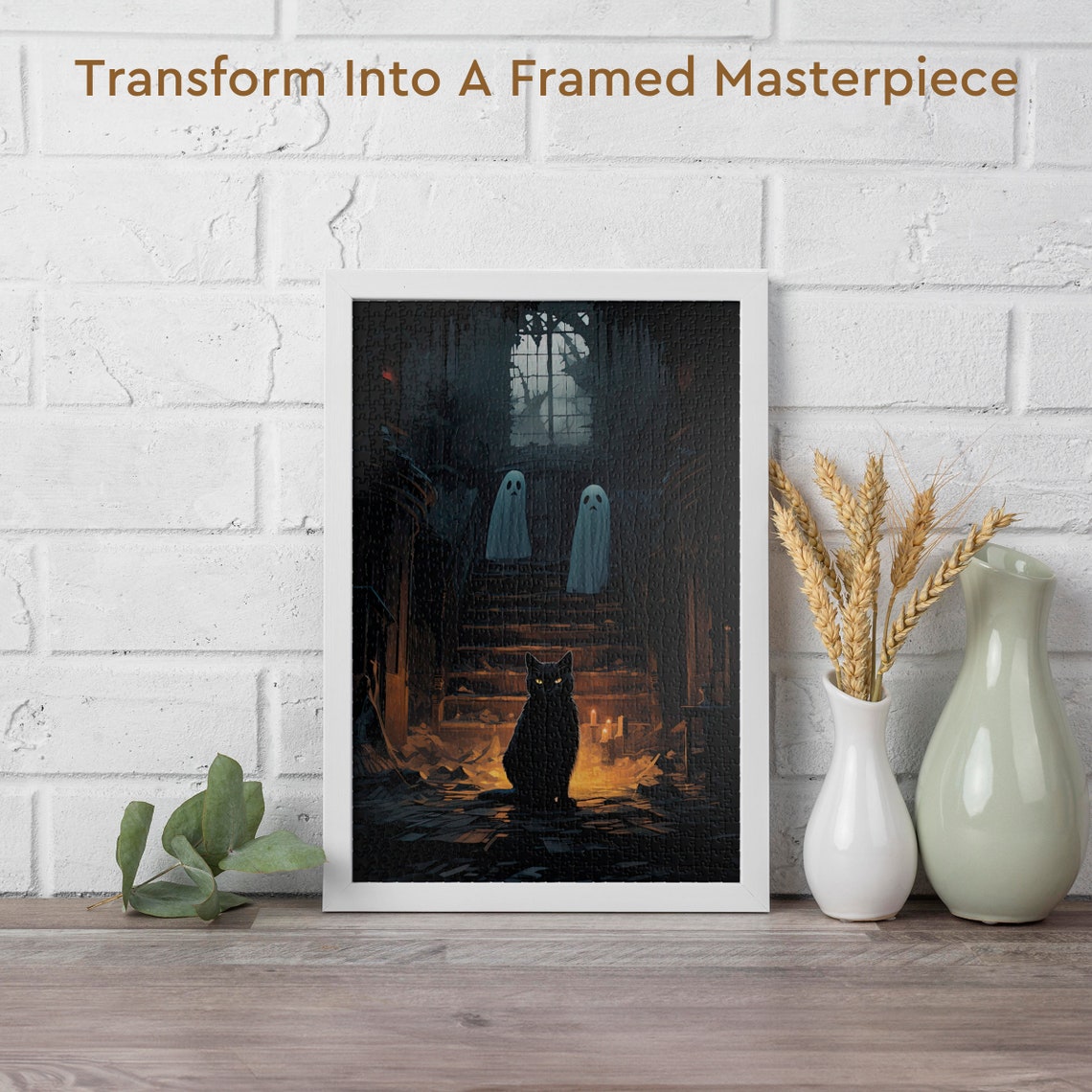 Black Cat and Two Ghosts on a Candlelit Haunted Staircase Poster - Image 2