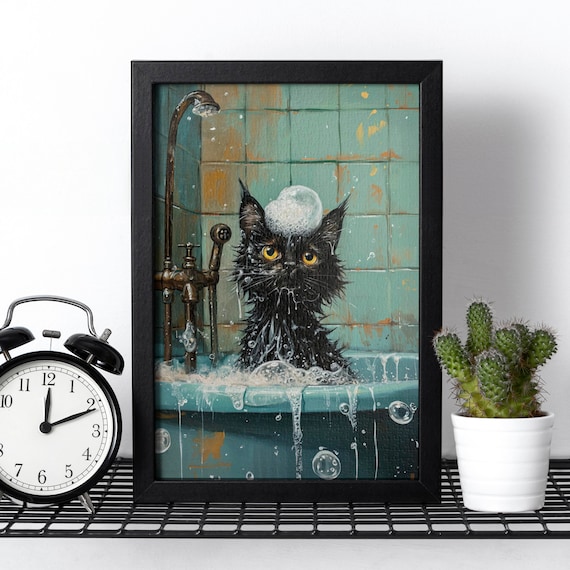 Wet Black Cat Taking a Soapy Bubble Bath in an Old Tub Poster