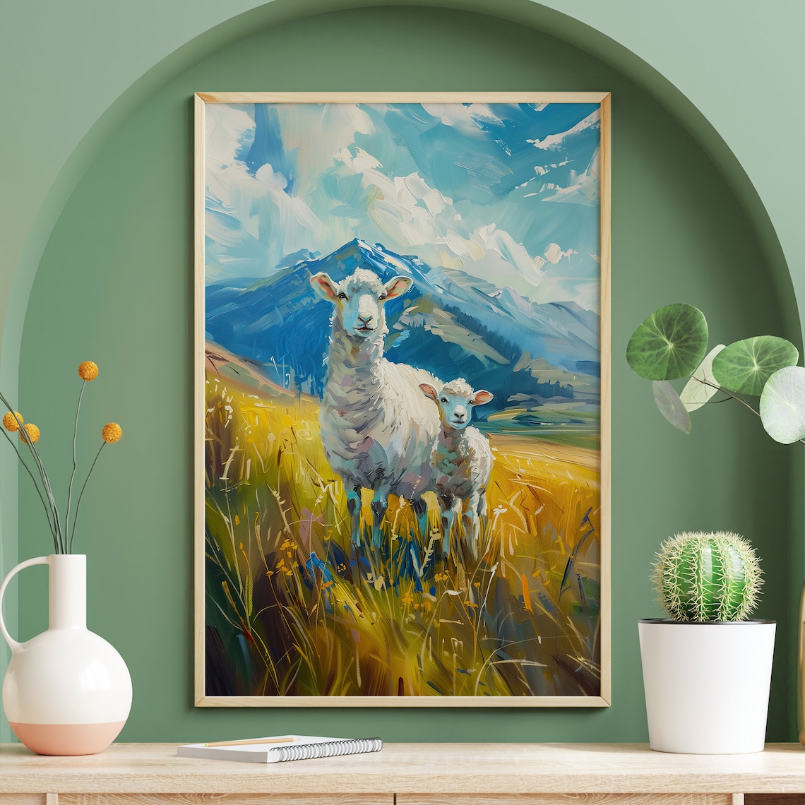 Sheep and Lamb in Golden Grassland Mountain Meadow Art Poster