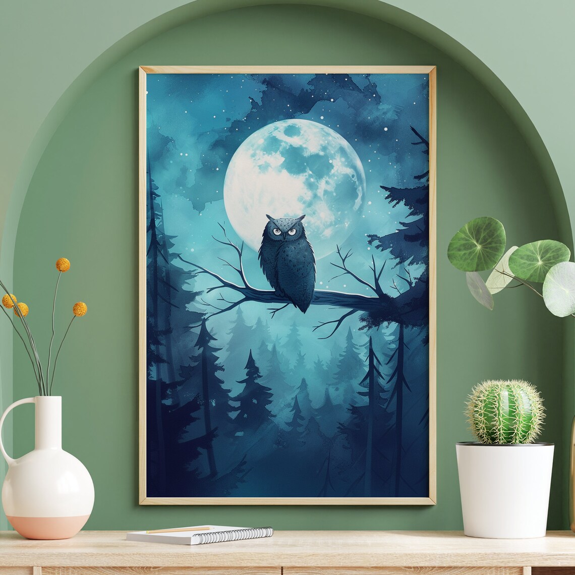 Owl Perched on a Branch Beneath the Full Moon Watercolor Poster