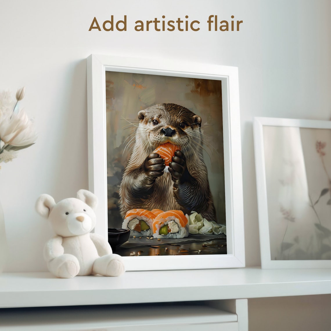 Cute Otter Eating Sushi Rolls in a Funny Food Portrait Poster - Image 2