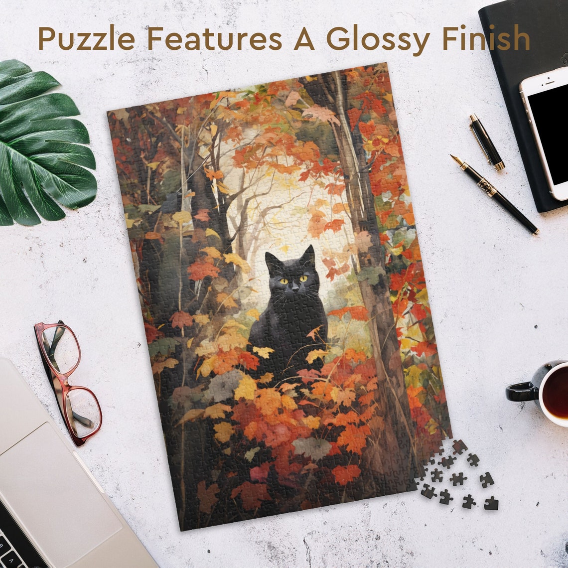 Black Cat Autumn Leaves Forest Fall Foliage Jigsaw Puzzle Art Poster - Image 3