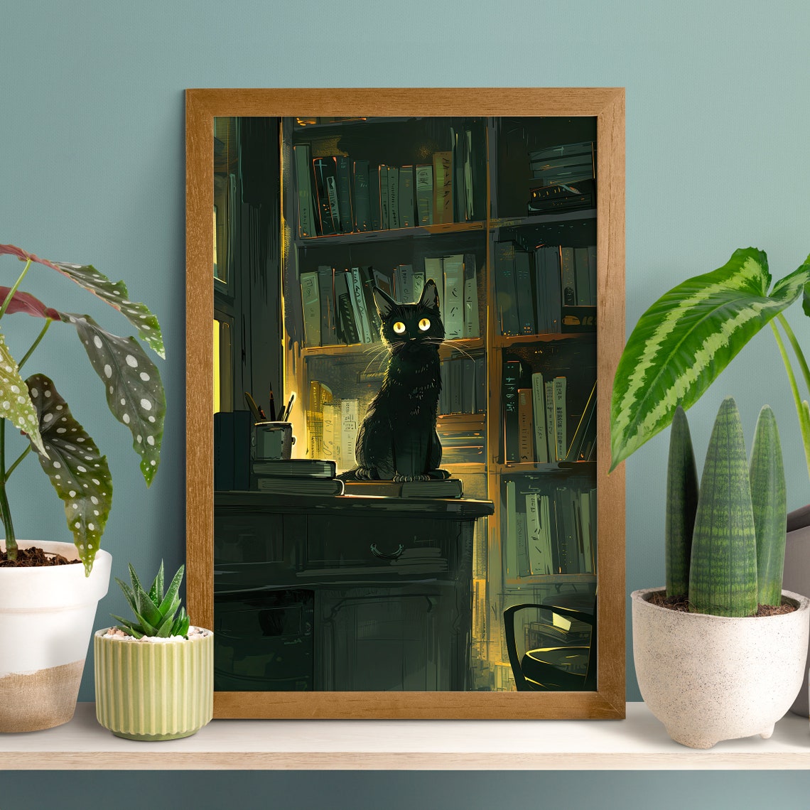 Spooky Black Cat Sitting in a Mystical Moonlit Library Wall Art
