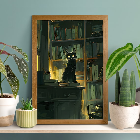Spooky Black Cat Sitting in a Mystical Moonlit Library Wall Art