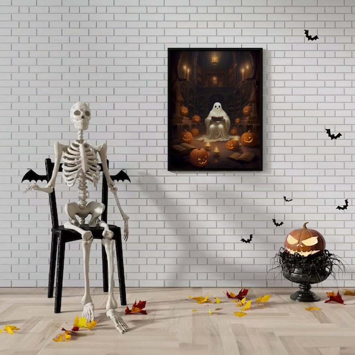Halloween Ghost Reading Book Candlelit Library Pumpkin Night Poster - Image 2