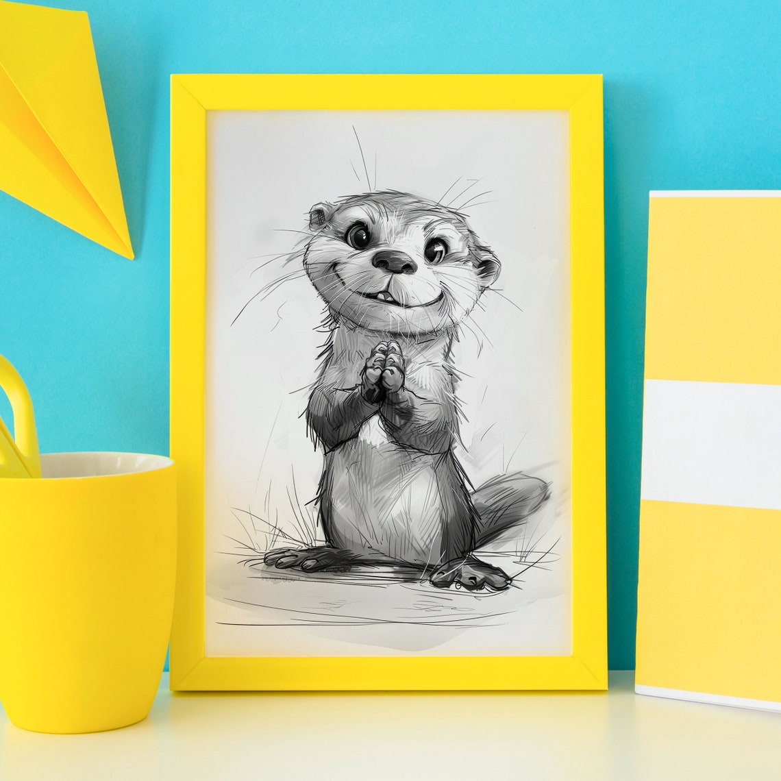 Cute Baby Otter Black and White Pencil Sketch Drawing Poster