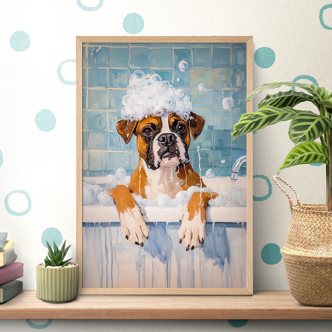 Bathtub Boxer Bathroom Wall Art Print, Funny Pet Portrait