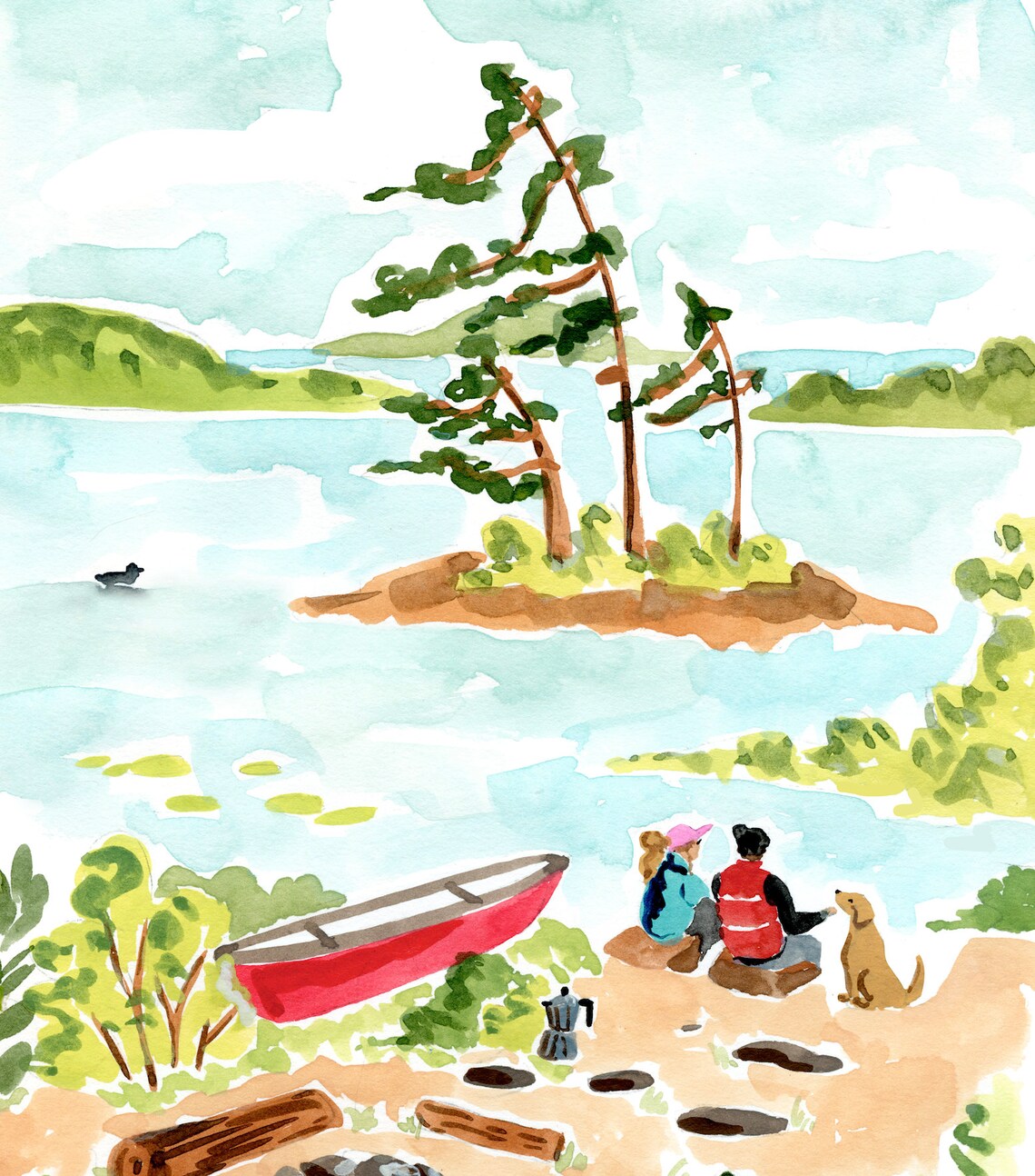 Camping At The Lake Art Print, Couple and Dog Canoe - Image 2