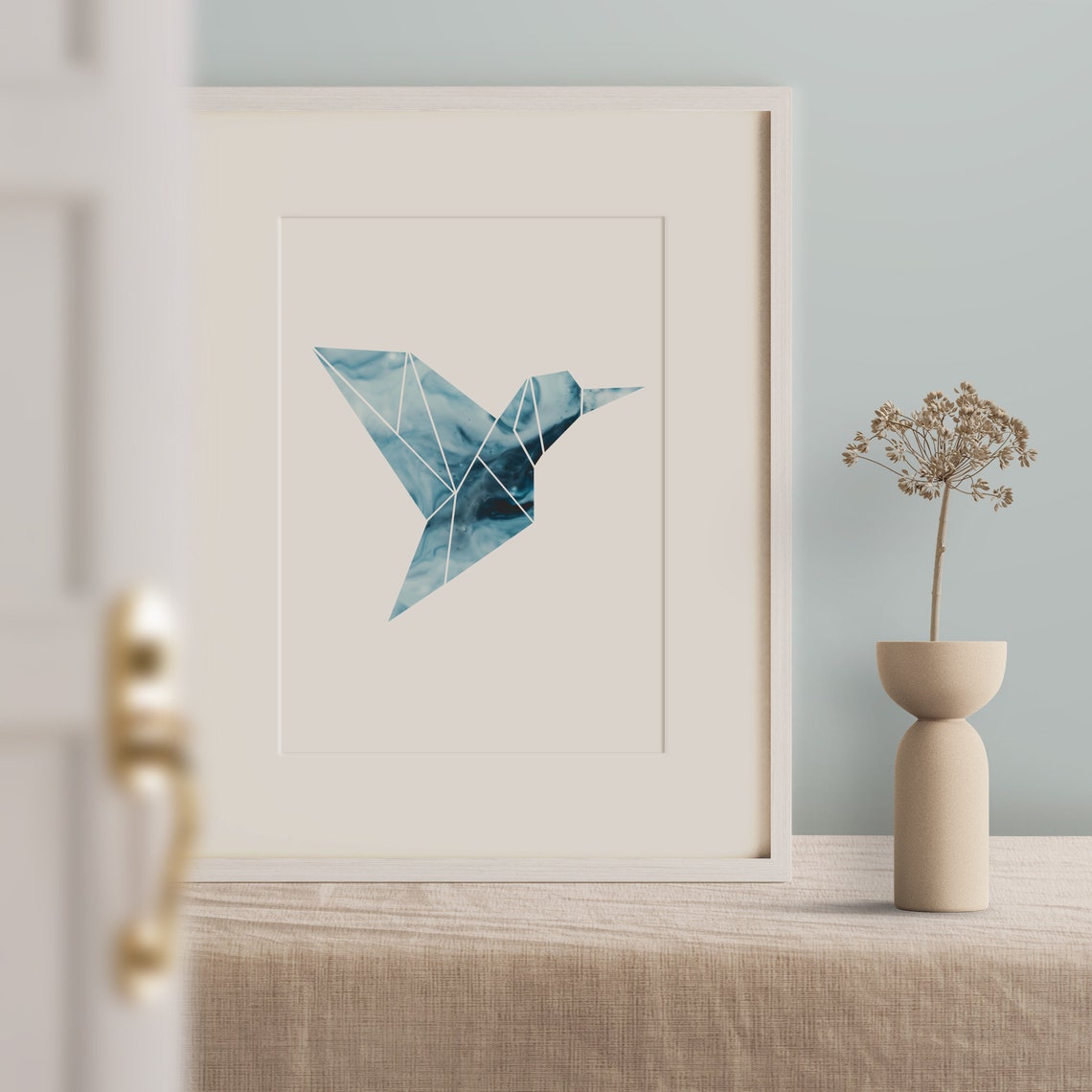 Geometric Blue Marble Hummingbird Scandinavian Bird Art Poster - Image 2