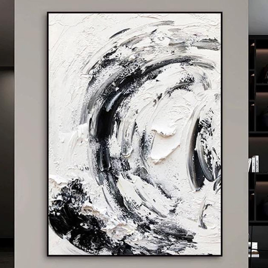Dynamic Black and White Circular Swirl Brushwork Abstract Poster