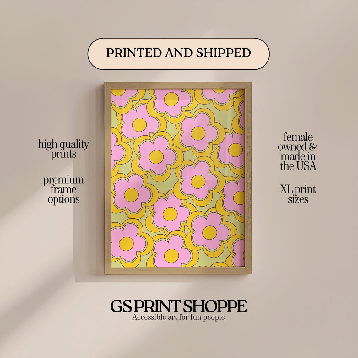 Retro Groovy Floral Pattern Pink Yellow 70s Style Flower Wall Art