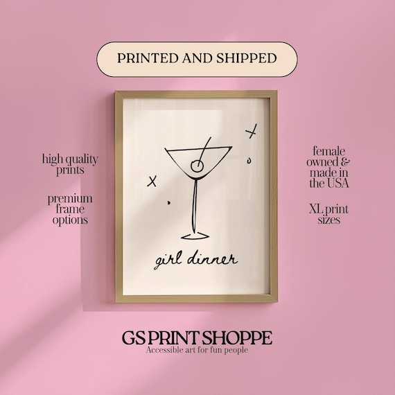 Girl Dinner Martini Minimalist Black Line Art Cocktail Print Gift