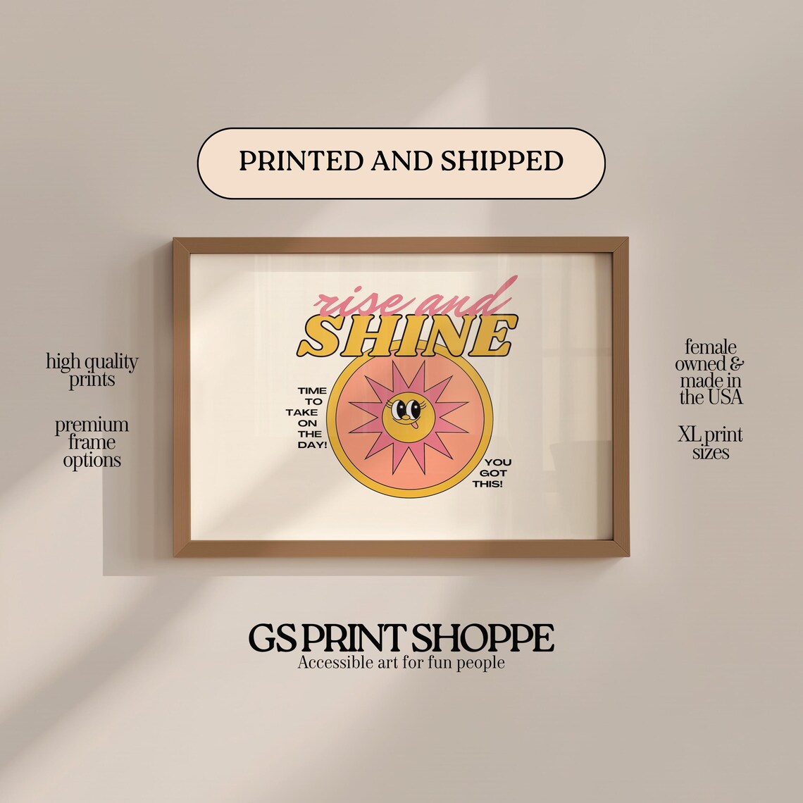 Rise and Shine Retro Sun Smiley Morning Motivational Quote Poster