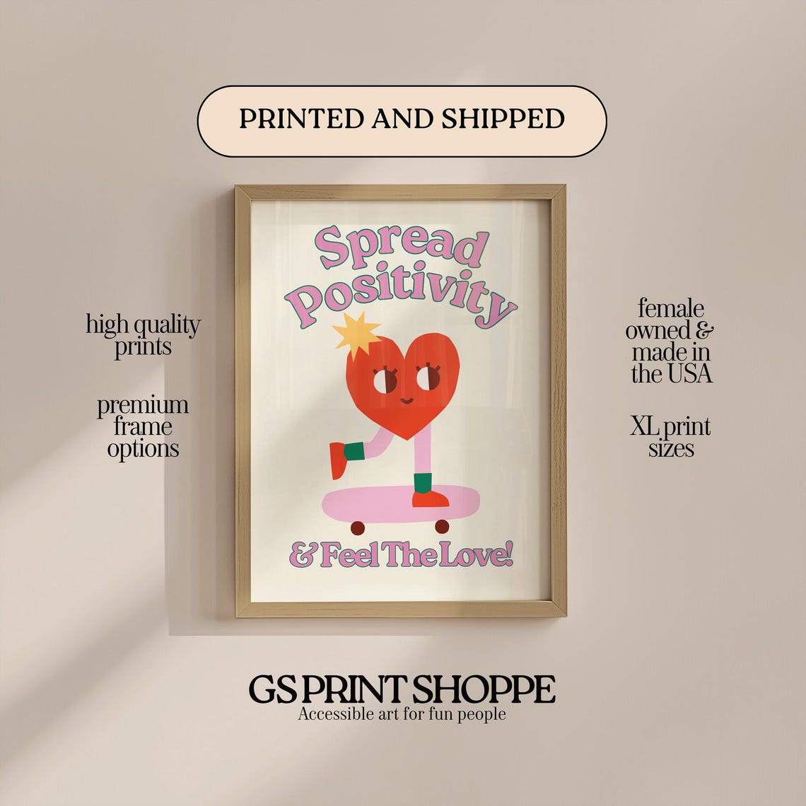 Spread Positivity Skateboard Heart Retro Uplifting Quote Art Poster