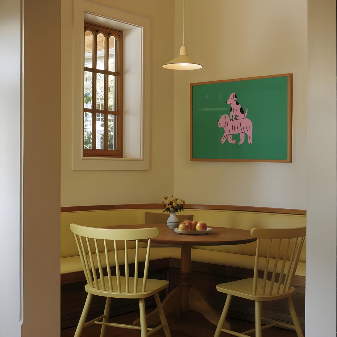 Pink Puppy Riding Big Dog Playful Whimsical Illustration Wall Art