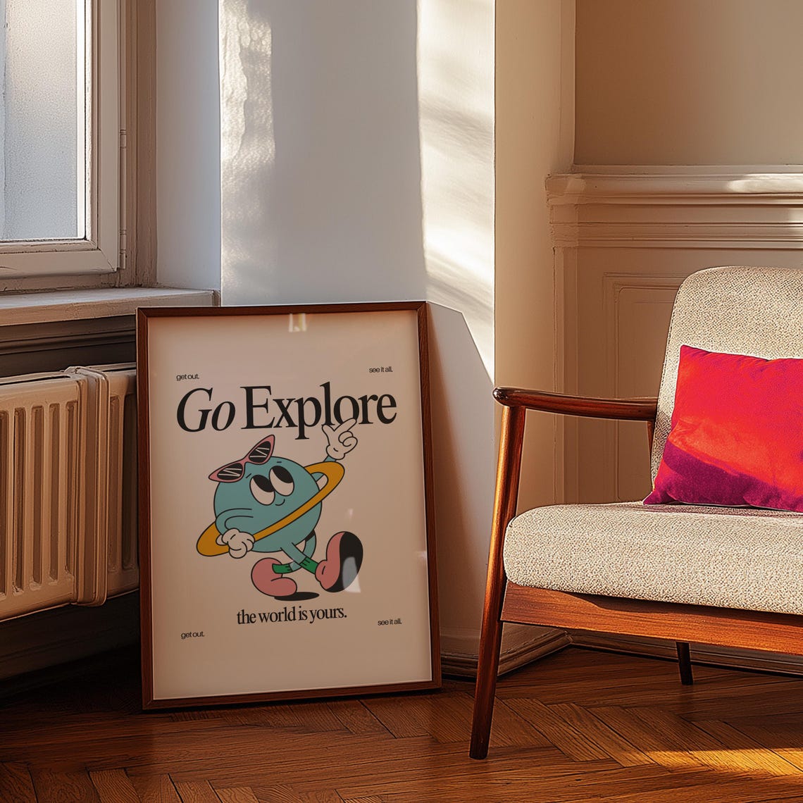 Go Explore the World Is Yours Retro Planet Mascot Motivational Poster