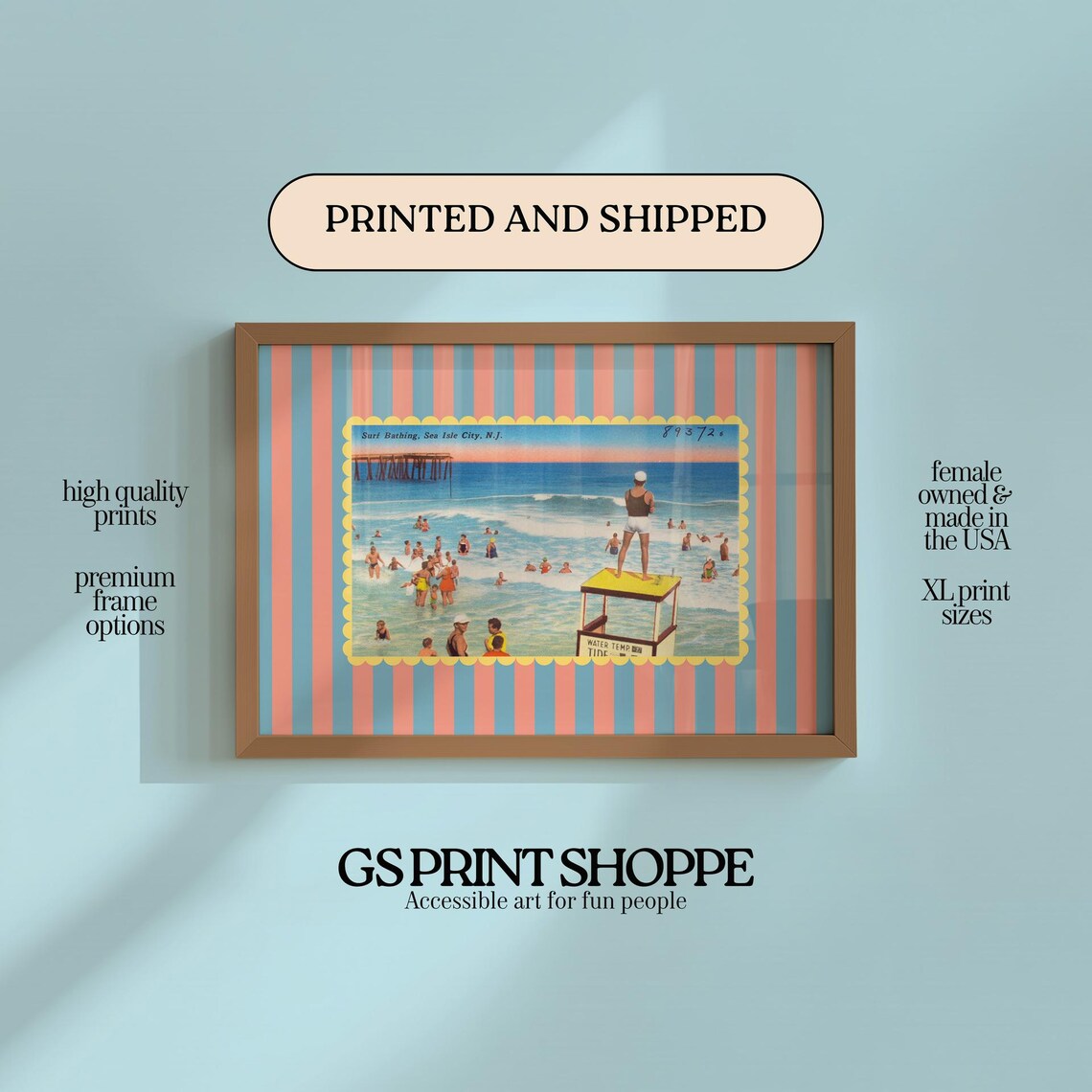 Vintage Sea Isle City New Jersey Beach Surf Bathing Scene Poster