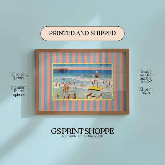 Vintage Sea Isle City New Jersey Beach Surf Bathing Scene Poster
