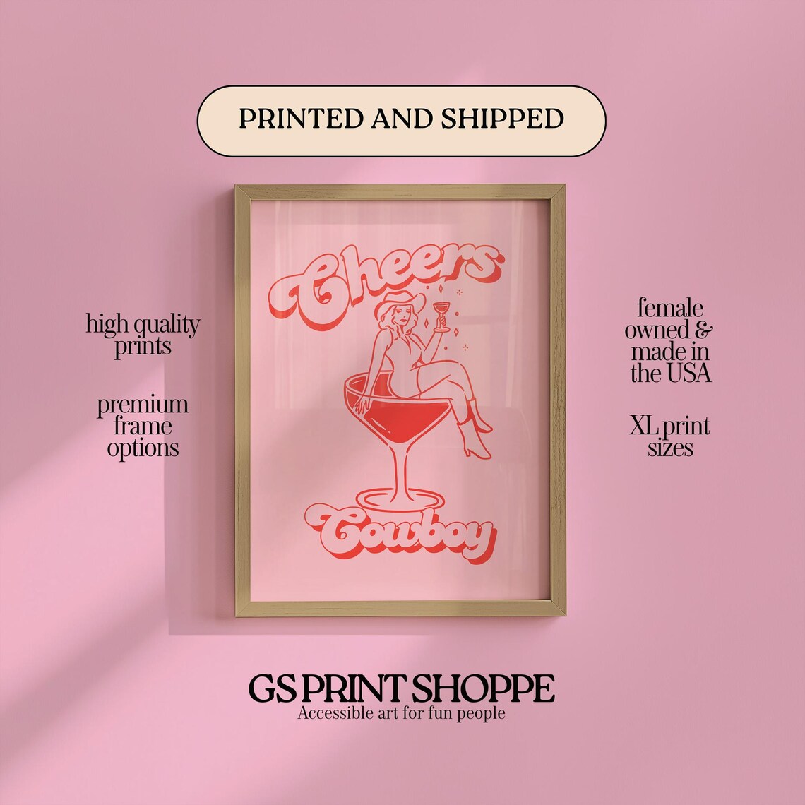 Cheers Cowboy Pink Western Cocktail Funny Retro Bar Art Poster